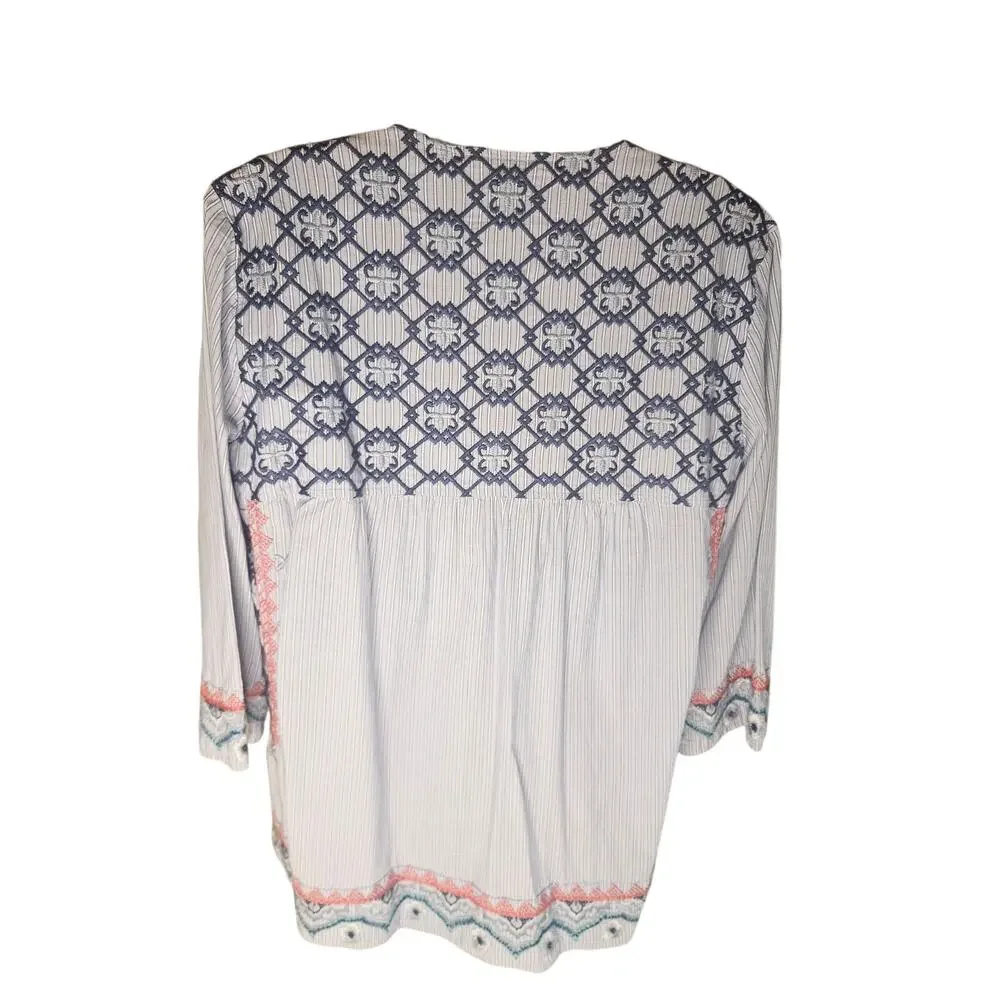 Johnny Was Blue Embroidered Floral Striped Open Top Sz S Tie Front 3/4 Sleeves - Picture 5 of 8